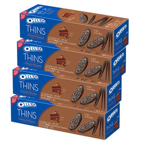 Korea Limited Edition - OREO Thin Choco Mousse Cookies, Sandwich Crunchy Thin between chocolate cream 2.96OZ Per Pack, Pack of 4 - Product of Korea