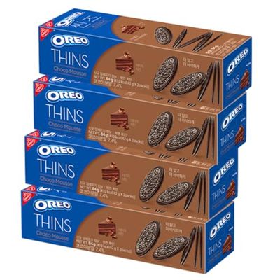 Korea Limited Edition - OREO Thin Choco Mousse Cookies, Sandwich Crunchy Thin between chocolate cream 2.96OZ Per Pack, Pack of 4 - Product of Korea