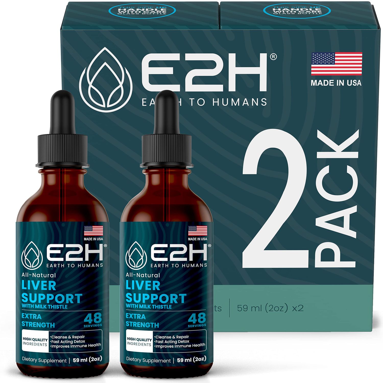 E2H Liver Support Supplement with Milk Thistle - Liver Health Formula - Artichoke Extract, Dandelion Root, Chanca Piedra, and More - Absorbent Liquid Formula 2 Bottles