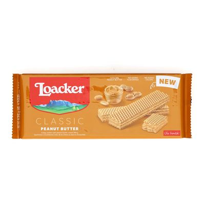 Loacker Classic Peanut Butter Wafer Cookies Crispy wafer fingers with creme-filling Taste of pure Peanut Butter Non GMO No artificial flavorings, added colors or preservatives 6.17 oz Box