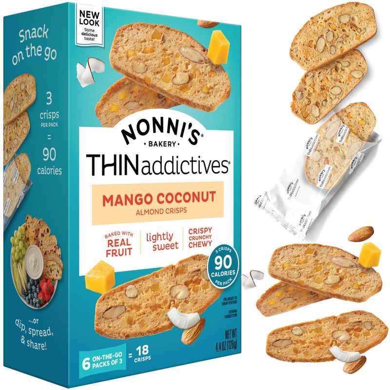 Nonni's THINaddictives Almond Thin Cookies - Mango &amp; Coconut Biscotti Italian Cookie Thins - Sweet Crunchy &amp; Chewy Almond Cookies - Biscotti Individually Wrapped Cookies - Kosher Coffee Cookies 4.4 oz