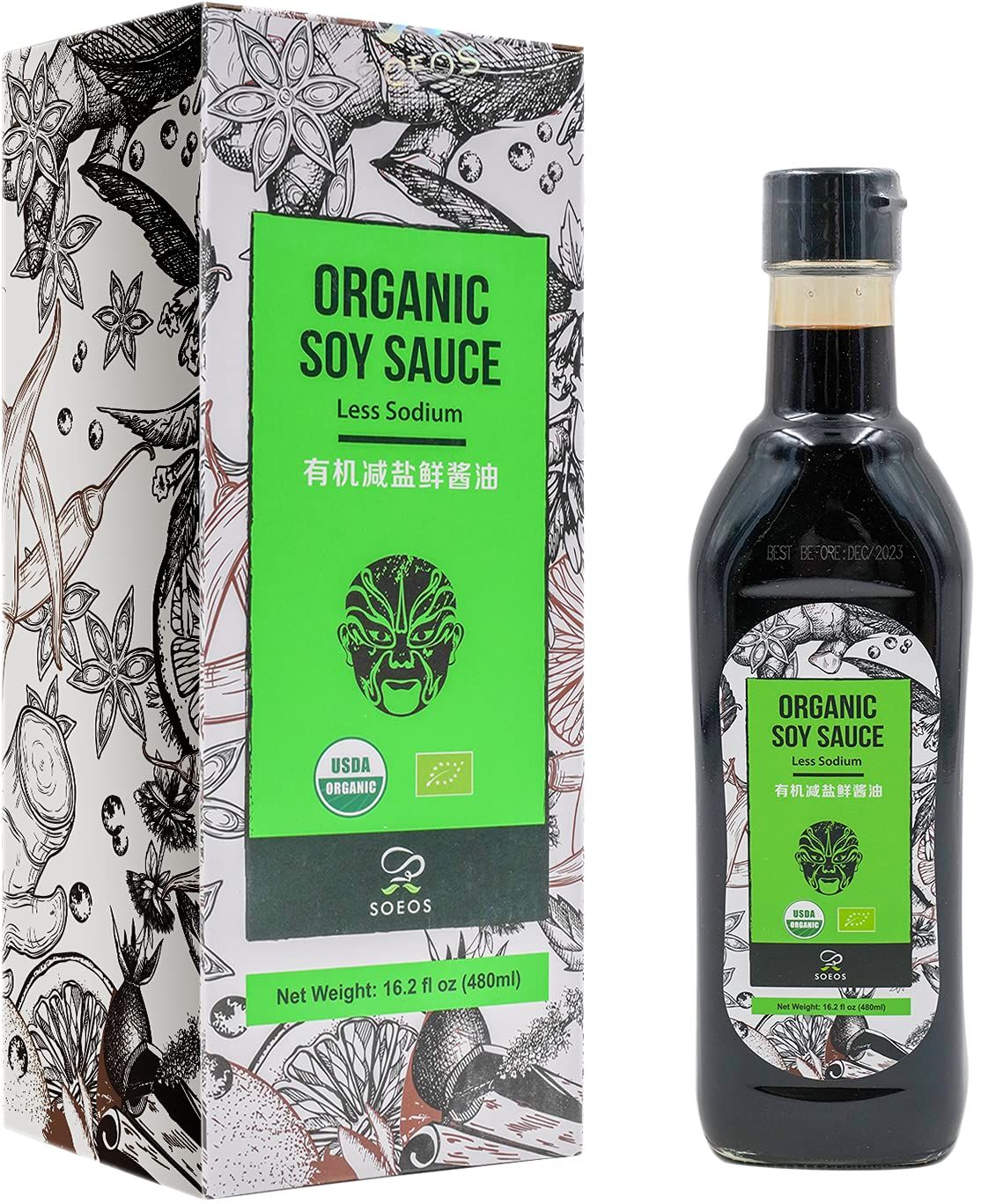 Soeos Organic Low Sodium Soy Sauce 16.2oz 480ml, USDA Organic, Naturally Brewed Soy Sauce, Soy Sauce Organic, Dark Soy Sauce, Pure Ingredients, Marinade for Meat &amp; Vegetables., Black