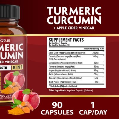 7 in 1 Turmeric Curcumin Apple Cider Vinegar Capsules, 3 Month Supply with Ashwagandha, Ginger, Garlic Bulb, 95 Standardized Curcuminoids, Joint & Absorption Support