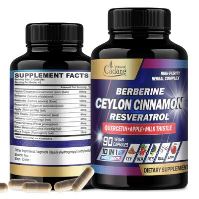 Organic Cadane Ceylon Cinnamon, Berberine, Quercetin Supplement - Support Heart, Body, Digestive &amp; Immunity - 10in1 with Milk Thistle, Turmeric, Apple &amp; More - 90 Veggie Capsules