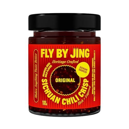 FLYBYJING Original Sichuan Chili Crisp: Premium Chili Oil wCrunchy Garlic and Shallots - Spicy, Savory, Vegan, Sugar Free Hot Sauce - Good on Noodles, Proteins, Veggies &amp; Everything, 6oz Pack of 1