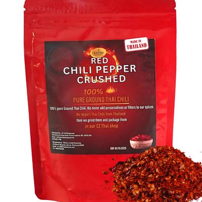 EZ THAI - Chili Pepper Flakes 3.5oz - Thai Red Chilli Crushed Powder Seasoning Spice for Chinese, Mexican, &amp; Asian Cooking Cuisine - Pizza, Seafood, Pasta, BBQ Sauce, Noodle Soup