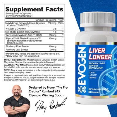 Evogen Liver Longer - Premium Liver Support Supplement Detox, Health, &amp; Repair N-Acetyl L-Cysteine, Milk Thistle, TUDCA 84 Capsules