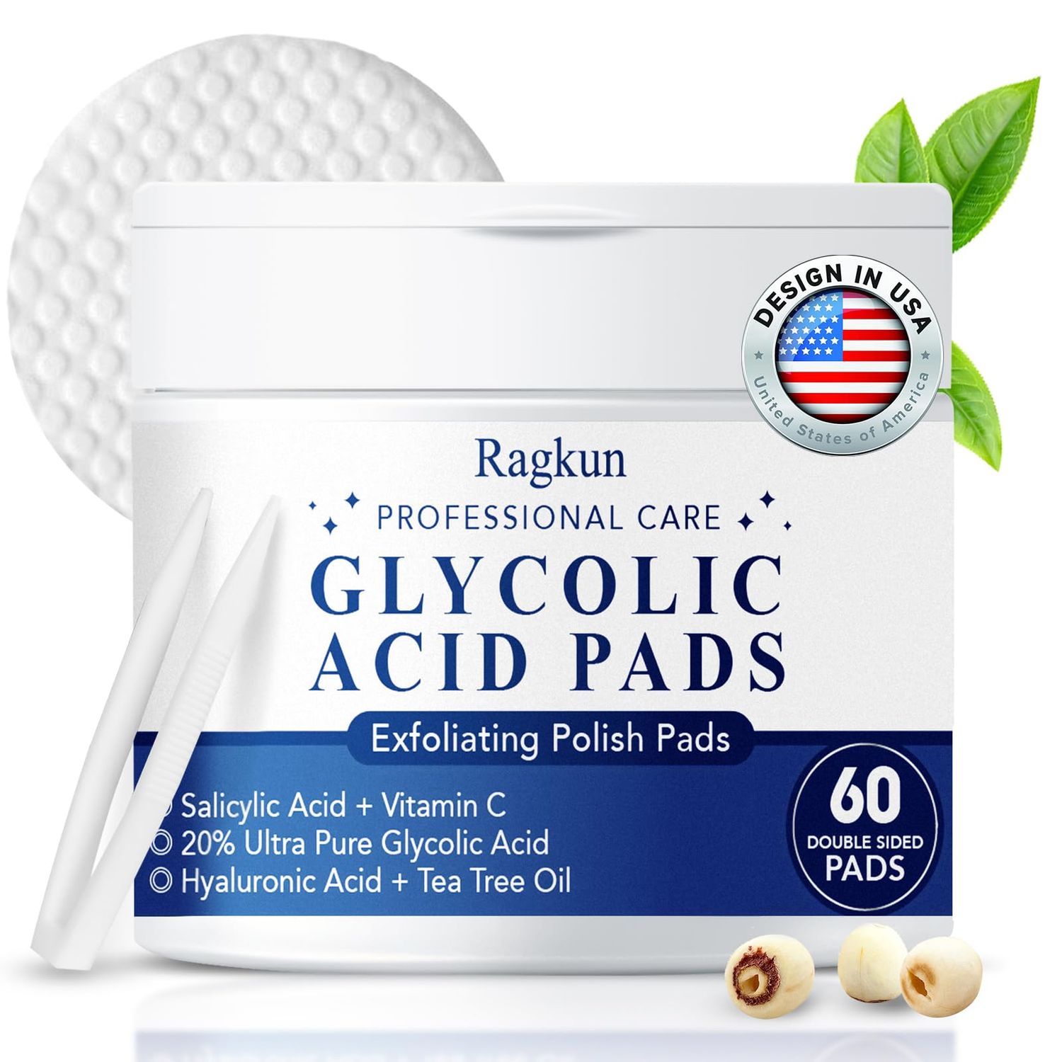 Ragkun Glycolic Acid Pads, Exfoliating Resurfacing Pads for Face with Salicylic Acid Pad with Tea Tree Oil, Exfoliating Face Peel &amp; Radiance Deep Cleaning Effect, Dark Spot Removers 60 Count