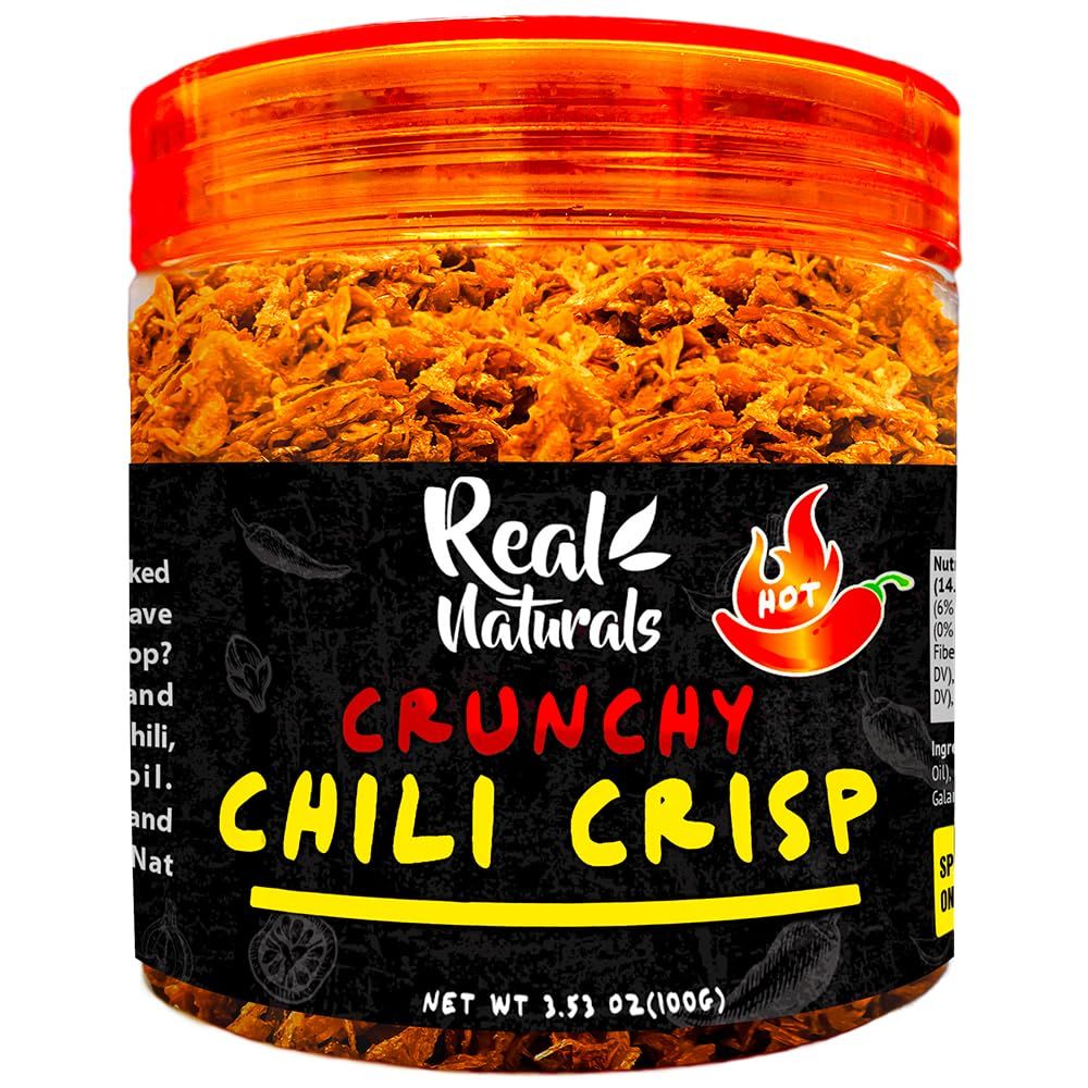 Chili Crisp No-Floating Oil Extra Hot spicy chilli crisp crunch. Crispy garlic &amp; onion no-oil chili oil crisp by Real Naturals. Chili garlic sauce umami ramen toppings &amp; rice furikaki.