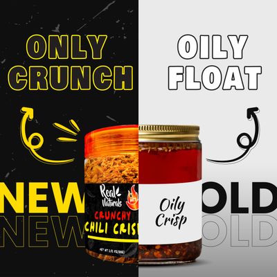Chili Crisp No-Floating Oil Extra Hot spicy chilli crisp crunch. Crispy garlic &amp; onion no-oil chili oil crisp by Real Naturals. Chili garlic sauce umami ramen toppings &amp; rice furikaki.