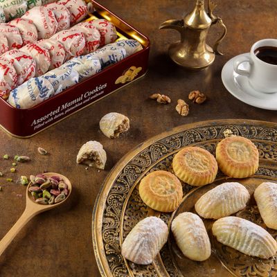 Zalatimo Sweets Since 1860, 100 All Natural Assorted Mamoul Shortbread Cookies, Square Metal Gift Tin, Slightly Sweet Cookies, Pistachio, Walnuts, Dates, No Preservatives, No Additives, 1.7Lbs