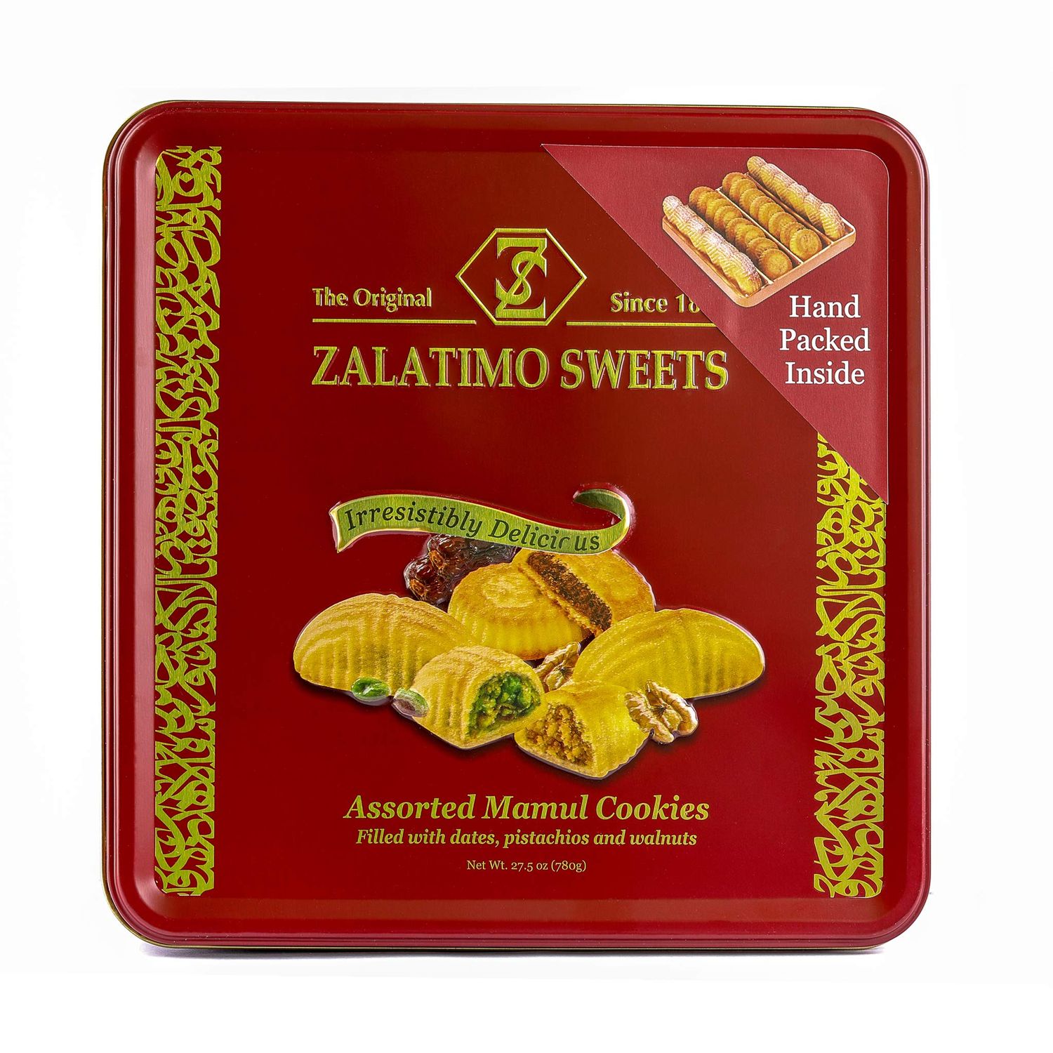 Zalatimo Sweets Since 1860, 100 All Natural Assorted Mamoul Shortbread Cookies, Square Metal Gift Tin, Slightly Sweet Cookies, Pistachio, Walnuts, Dates, No Preservatives, No Additives, 1.7Lbs