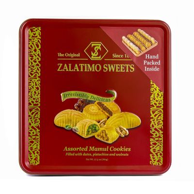 Zalatimo Sweets Since 1860, 100 All Natural Assorted Mamoul Shortbread Cookies, Square Metal Gift Tin, Slightly Sweet Cookies, Pistachio, Walnuts, Dates, No Preservatives, No Additives, 1.7Lbs
