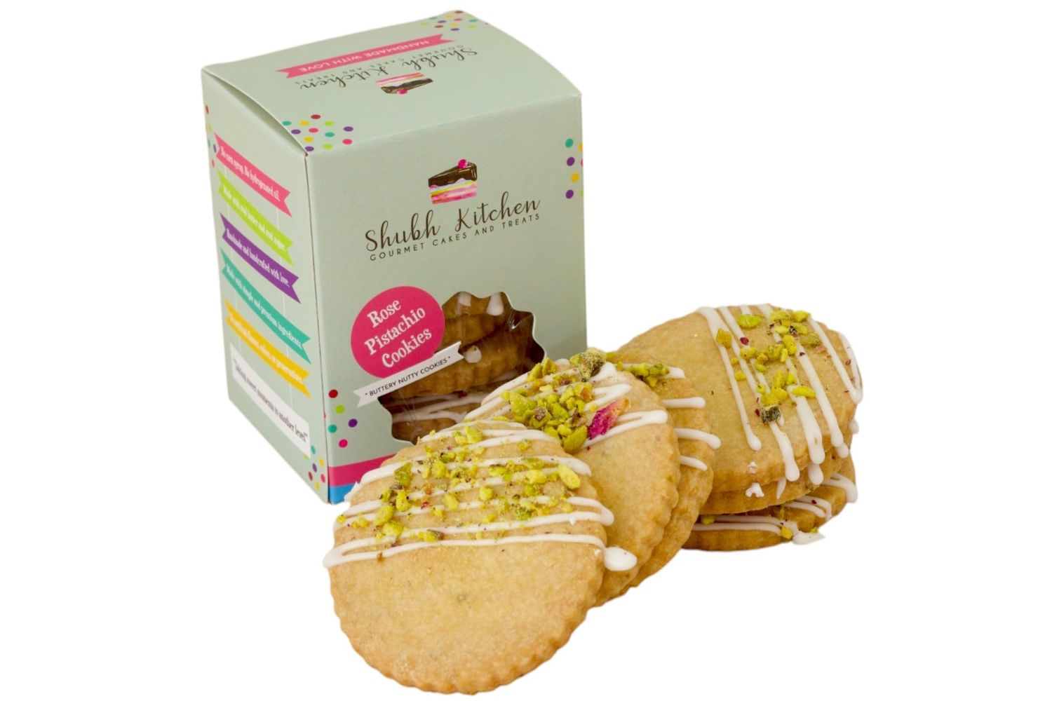 Shubh Kitchen Rose Pistachio Cookies. Authentic Indian flavors, 100 Eggfree and Vegetarian, No Artificial Flavors or Preservations, 6 ounce - Fresh and Delicious Gourmet Cookies