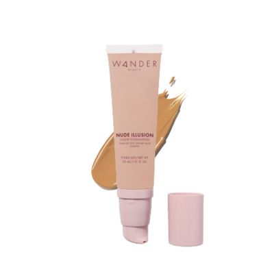 Wander Beauty Nude Illusion Liquid Foundation - Tan - Medium to Full Coverage Foundation - Natural Makeup with Vitamin E &amp; Macadamia - Nude Skin Finish Blurs &amp; Conceals - Travel-Friendly - 1.01 fl oz