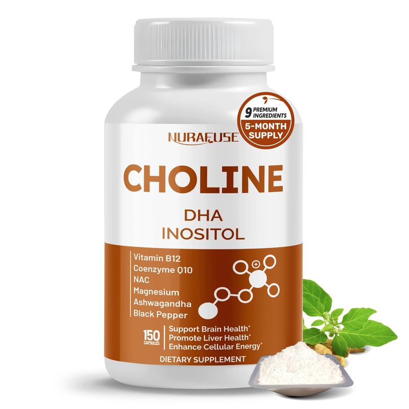 NURAFUSE Choline with DHA, Inositol, Vitamin B12, Coenzyme Q10, NAC, Magnesium, Ashwagandha - Supports Brain Health, Promotes Liver Health - Made in The USA