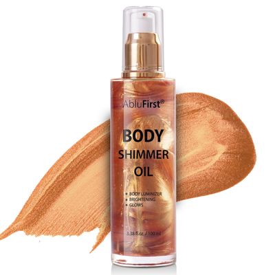 AbluFirst Shimmer Body Oil 100ml Face Glitter Summer Body Moisturizing Light Shimmering Glow Non-Sticky Party Body Luminizer and Illuminator Smooth 3.38 Fl Oz Pack of 1, Bronze Gold