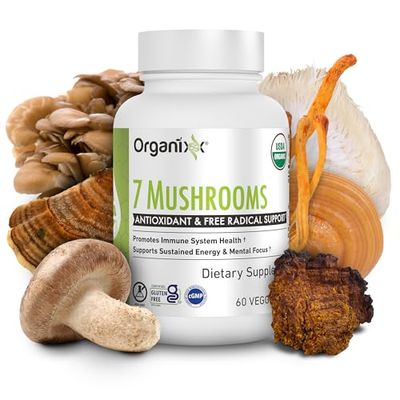 Organixx USDA Organic Mushroom Supplement, 7 Fermented Mushrooms - Lions Mane, Shiitake, Cordyceps, Turkey Tail, Reishi - for Immune &amp; Digestion Support, 60 Vegetarian Capsules
