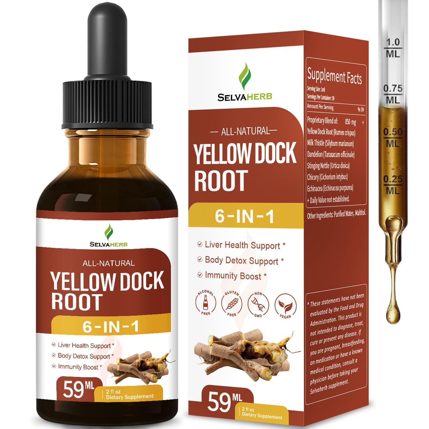 Selvaherb Yellow Dock Root Drops for Liver Health Support, Body Detox &amp; Immunity Boost Herbal Supplements with Milk Thistle Dandelion Chicory Echinacea Extract. 2oz