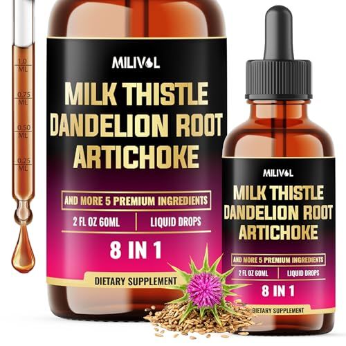 MILIVOL 8in1 Milk Thistle Liquid Drops with Dandelion Root, Artichoke Leaf and 5 More Herbals - 60 Days Supply - 2 Fl Oz