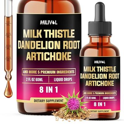 MILIVOL 8in1 Milk Thistle Liquid Drops with Dandelion Root, Artichoke Leaf and 5 More Herbals - 60 Days Supply - 2 Fl Oz