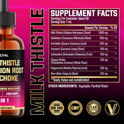 MILIVOL 8in1 Milk Thistle Liquid Drops with Dandelion Root, Artichoke Leaf and 5 More Herbals - 60 Days Supply - 2 Fl Oz