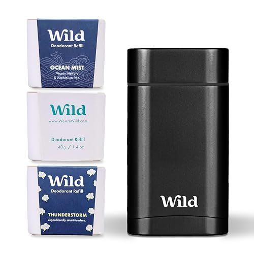 Wild - Refillable Deodorant Starter Kit - Black Case with Fresh Cotton &amp; Sea Salt, Ocean Mist &amp; Thunderstorm Scents - Long Lasting Protection - Aluminum Free - Vegan