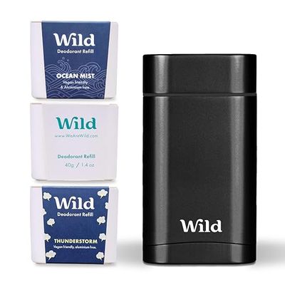 Wild - Refillable Deodorant Starter Kit - Black Case with Fresh Cotton &amp; Sea Salt, Ocean Mist &amp; Thunderstorm Scents - Long Lasting Protection - Aluminum Free - Vegan