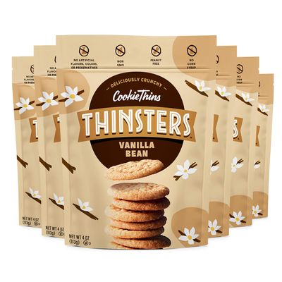 THINSTERS Cookie Thins Cookies, Vanilla Bean, 4oz Pack Of 6, Non-GMO, Peanut Free, No Corn Syrup, Crunchy Cookies, No Artificial Flavors, Colors, or Preservatives