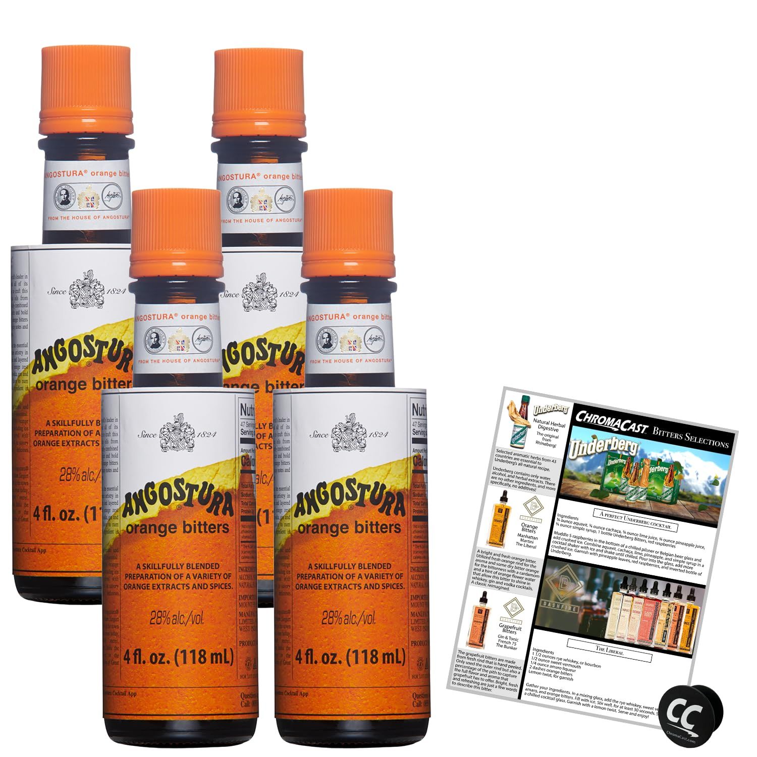 Angostura Orange Bitters 4oz Bottle with Phone Grip and Bitters Selections Recipe, 4-PACK
