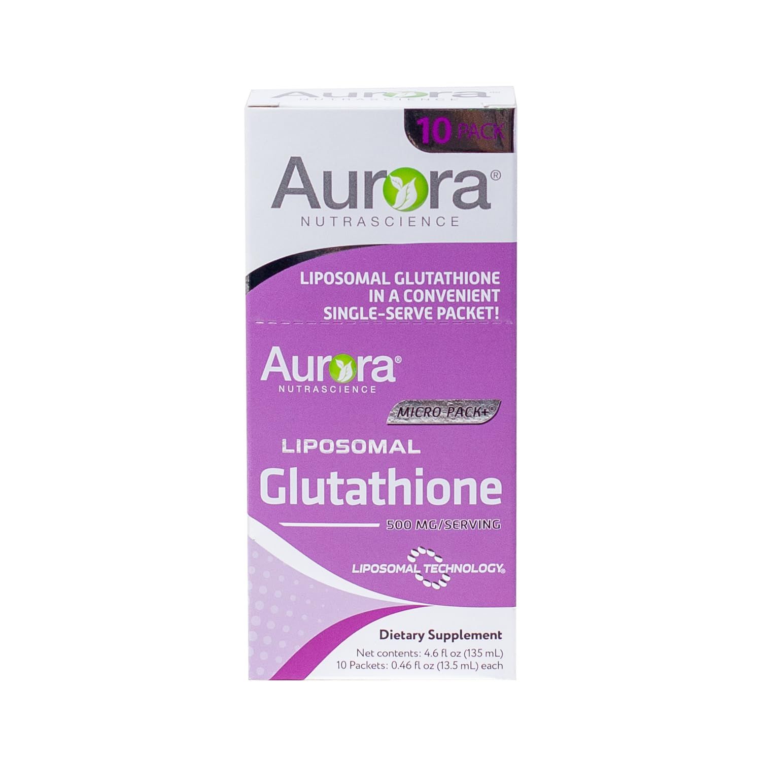 Aurora Nutrascience Micro-Liposomal Liquid Glutathione, Immune &amp; Antioxidant Gut Health Support Supplement, 500 mg per Serving, Gluten Free, Non-GMO, Sugar-Free, 10 Single-Serve Packets
