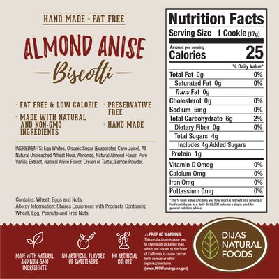 DIJAS Natural Foods, Individually Wrapped Fat Free Biscotti Cookies, All Natural Preservative Free Ingredients, Delicious Low Calorie Snack 12 oz, Almond Anise