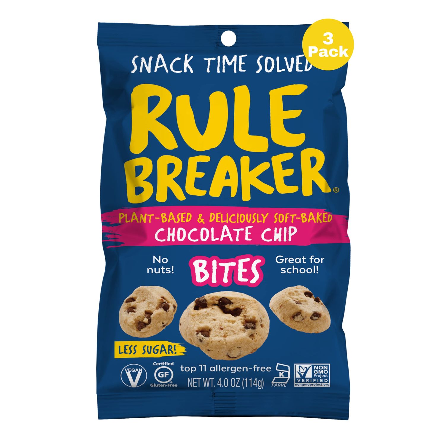 Rule Breaker Snacks Vegan Gluten Free Chocolate Chip Blondie Cookie Bites Plant-Based, Dairy, Nut, Soy, Allergen Free, Kosher Soft-Baked School Snacks for Kids and Adults Pack of 3
