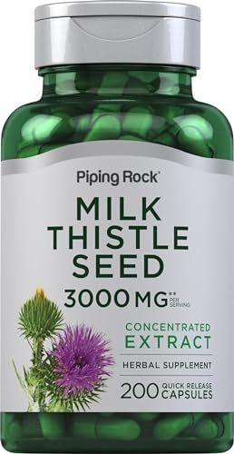 Piping Rock Milk Thistle Supplement 3000mg 200 Capsules Concentrated Herbal Extract Non-GMO, Gluten Free