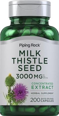 Piping Rock Milk Thistle Supplement 3000mg 200 Capsules Concentrated Herbal Extract Non-GMO, Gluten Free