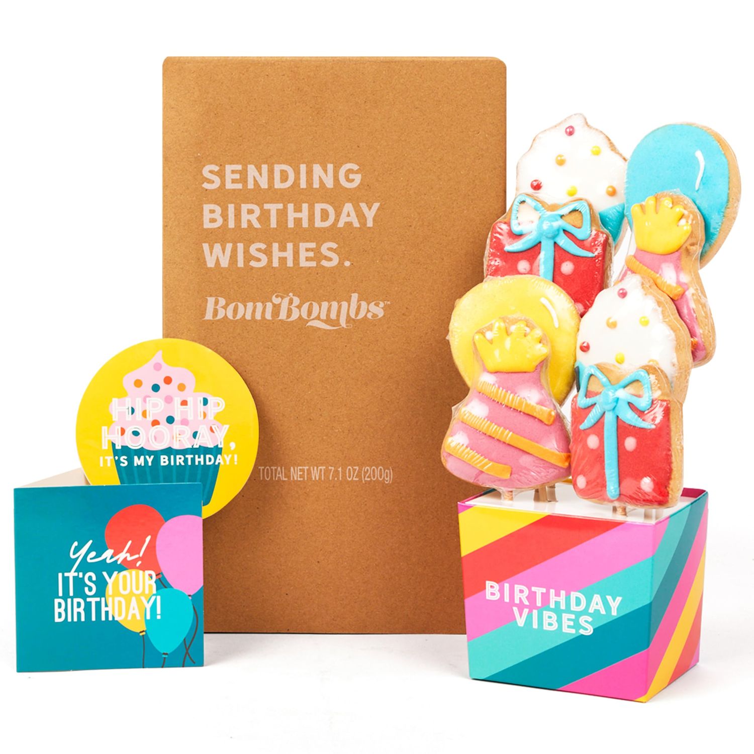 BomBombs, Birthday Cookies Gift Bouquet, Includes Eight Hand-Decorated Sugar Cookies on Sticks in Happy Birthday Gift Box with Sticker and Greeting Card