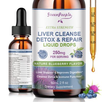 GREENPEOPLE Liver Cleanse Detox &amp; Repair Drops - Liver Supplement wMilk Thistle Silymarin, Artichoke &amp; Dandelion for Liver Detox &amp; Support- 16x Potent Herb-Nutrients - 2Fl Oz Blueberry Flavor