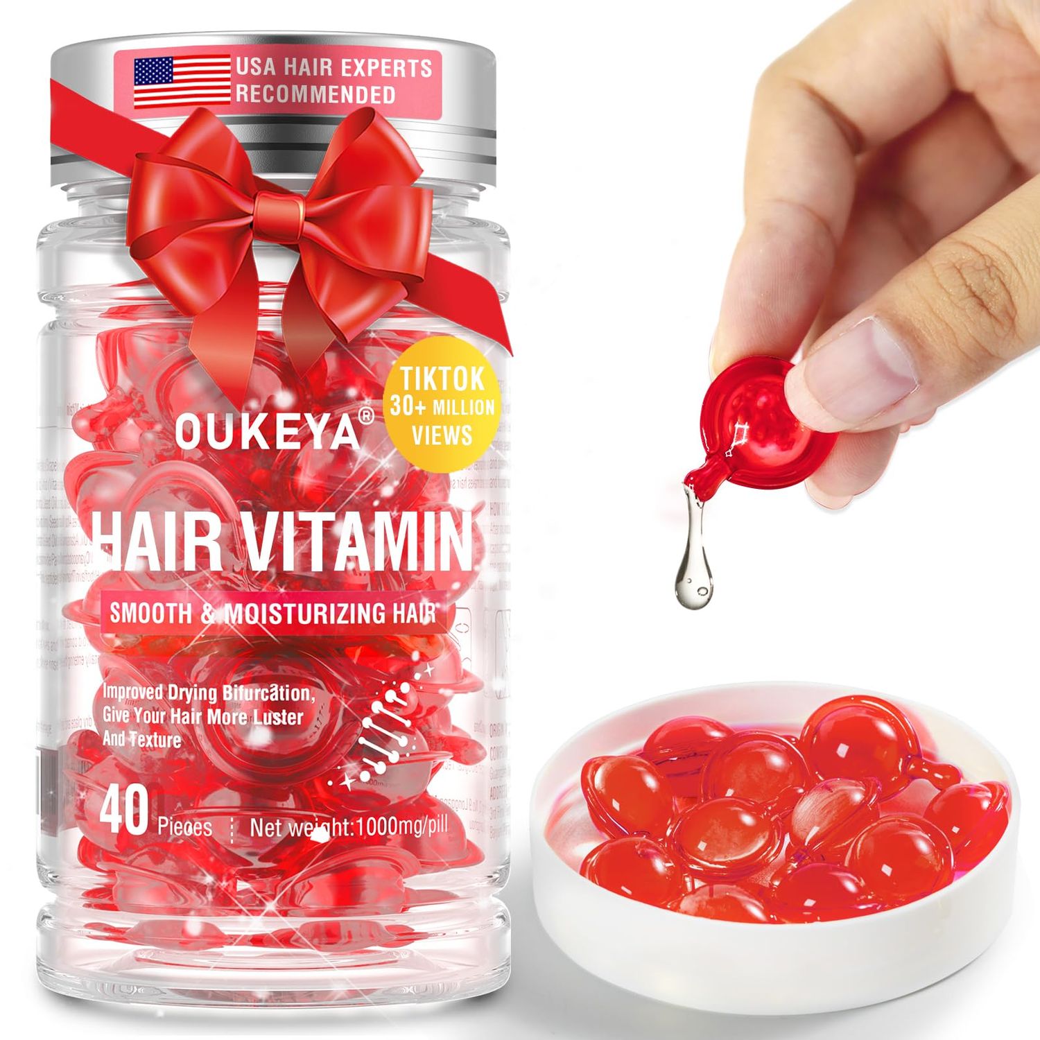 OUKEYA Hair Vitamins Hair Treatment Serum - no Rinse with Argan Macadamia &amp; Avocado Oils - Vitamins A, C, E, Pro B5 - Hair Serum Capsule for Frizzy and Damaged - Hair Conditioner for Women &amp; Men