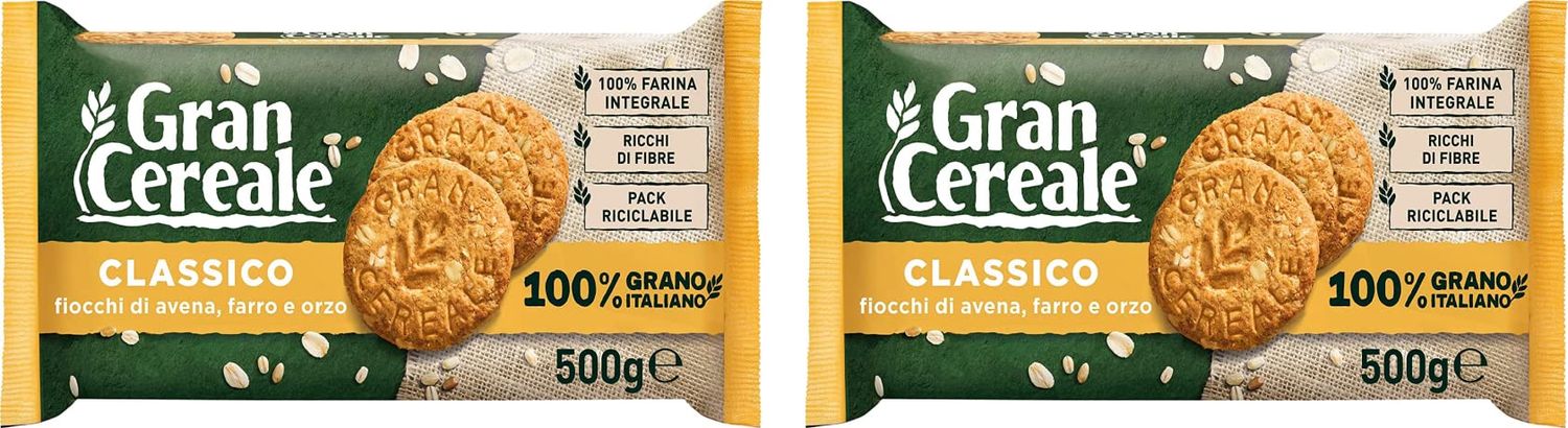 Mulino Bianco: Gran Cereale Classico Cereals Cookies Classic Taste, High in Fibers Biscuits 17.63 Ounces 500g Packages Pack of 2 Italian Import