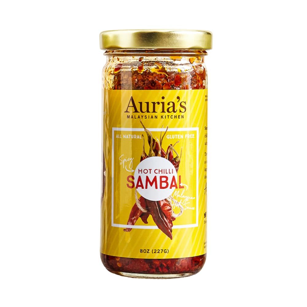 Aurias Malaysian Kitchen Hot Chilli Sambal 8oz - Authentic Southeast Asian Fresh Chili Paste with Fermented Shrimp Paste, Small Batch, Handmade in NYC