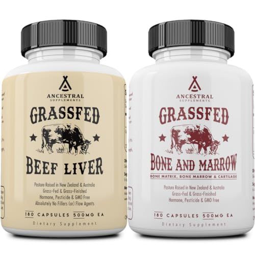 Ancestral Supplements Grass-Fed Beef Liver &amp; Bone Marrow Capsules, 3000mg, Supports Energy, Digestion, Immunity, Skin, Oral Health, Joint Wellness, Non-GMO, Freeze-Dried, 180 Capsules, Bundle 2 Pack