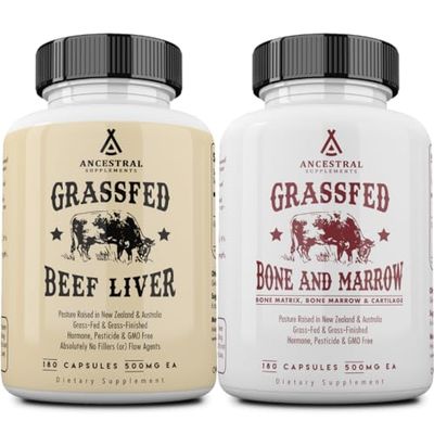 Ancestral Supplements Grass-Fed Beef Liver &amp; Bone Marrow Capsules, 3000mg, Supports Energy, Digestion, Immunity, Skin, Oral Health, Joint Wellness, Non-GMO, Freeze-Dried, 180 Capsules, Bundle 2 Pack