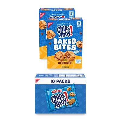 CHIPS AHOY! Baked Bites and Mini Cookies Variety Pack, 2 Boxes CHIPS AHOY! Baked Bites, Blondie and 1 Box CHIPS AHOY! Mini Original Chocolate Chip Cookies, 20 Total Snack Packs 3 Boxes