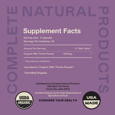 Complete Natural Products Pure Organic Milk Thistle Capsules - 500 mg Silymarin Powder 100 Pills