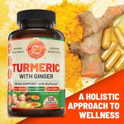 Organic Turmeric Curcumin with Ginger & Black Pepper, 2 Month Supply. Supports Heart Health, Brain Health & Joint Health. Max Absorption Turmeric Supplement. NSF Certified, Made in USA. 120 Capsules.