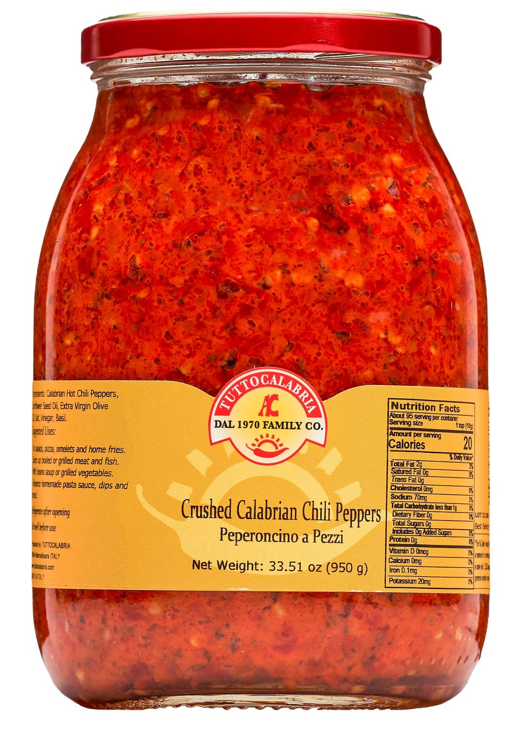 TUTTOCALABRIA Crushed Calabrian Chili Pepper, PasteSpread, 33.5 oz Club Pack Size, All Natural, Non-GMO, Product of Italy, Glass