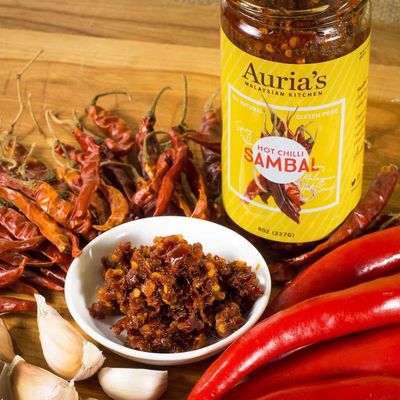 Aurias Malaysian Kitchen Hot Chilli Sambal 8oz - Authentic Southeast Asian Fresh Chili Paste with Fermented Shrimp Paste, Small Batch, Handmade in NYC