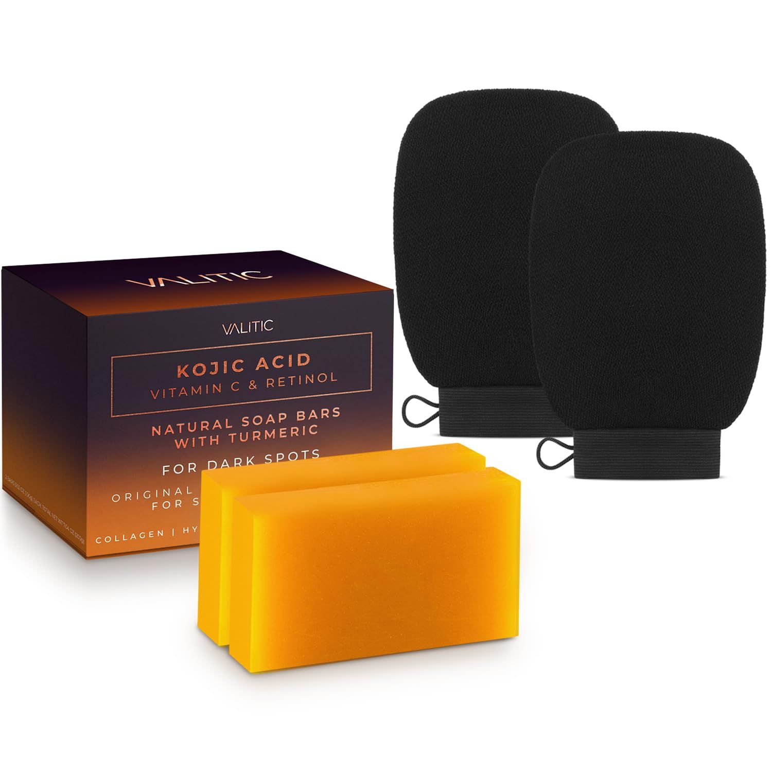 VALITIC 2 Pack Kojic Acid Vitamin C &amp; Retinol Soap Bars for Dark Spot &amp; A Pair Of Black Exfoliating Gloves for Body Scrubs