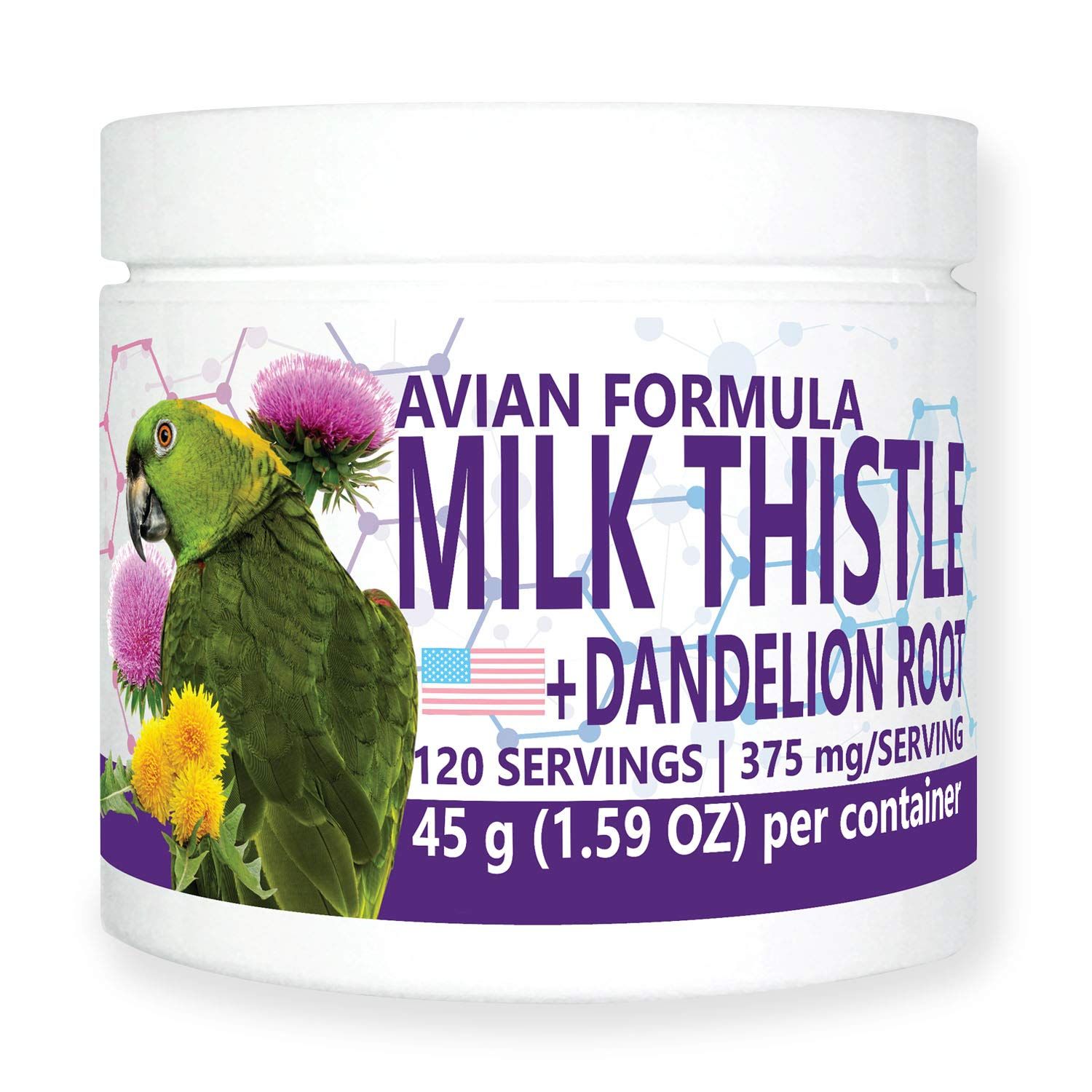 Avian Milk Thistle Dandelion Root Dietary Supplement for Parrots, All-Natural Liver Formula 120 Servings