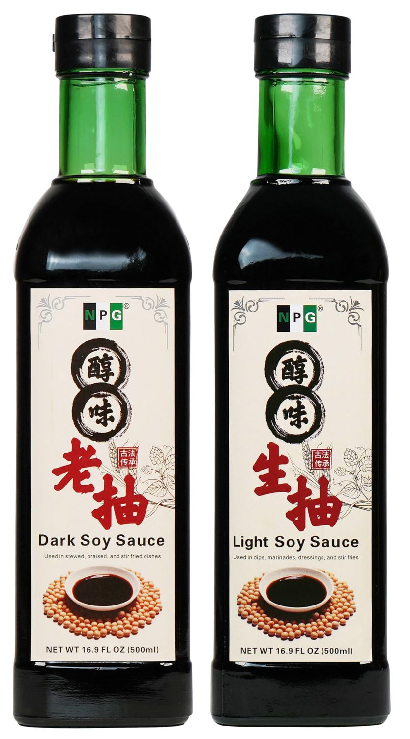 NPG Premium Light and Dark Soy Sauce Set 16.9 FL Oz Pack of 2 , Soy Dipping Sauces for Fish, Dumpling, Noodles, and Marinade Meat, Perfect Condiment for Japanese Sushi, Sashimi, Asian Stir Fry, Veg...